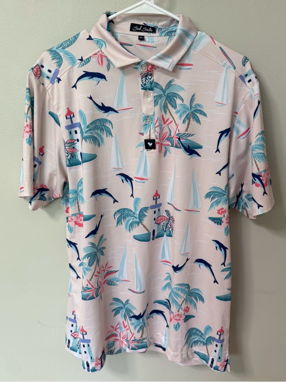 Bad Birdie Polo Shirt Tropical Hawaii Boats Dolphins Golf Palm Trees Golf Mens L